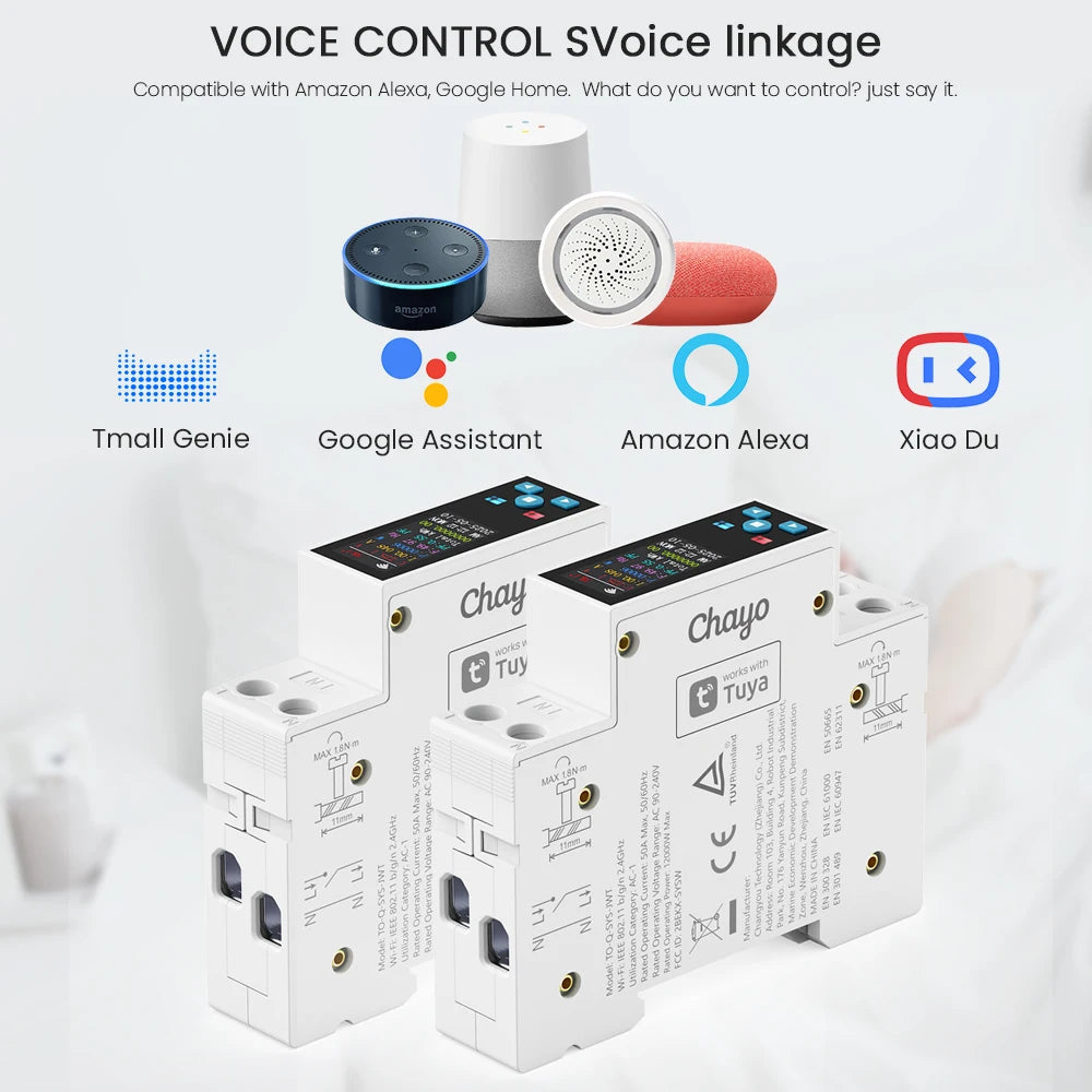1P 50A Tuya WIFI Smart Switch Circuit Breaker LED Energy Meter Kwh Power Metering Timer Relay Remote Control Smart Life APP