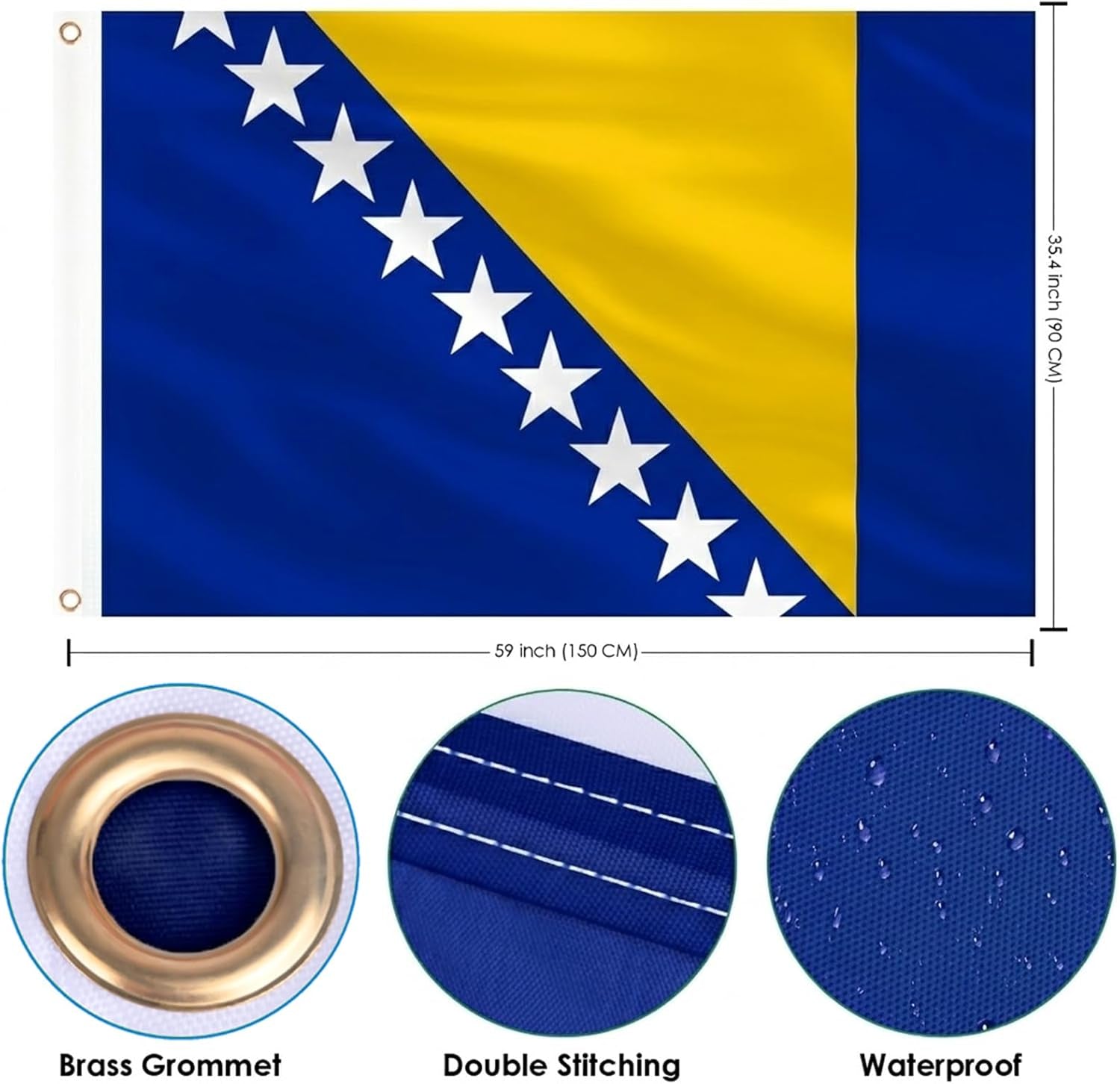 Ahfulife Bosnien Und Herzegowina Flagge 150 X 90 Cm Für WM 2026, 1 Stück Große Bosnische Nationalflaggen Doppelseitig Mit Messingösen Für Nationalfeiertag Fußballfans Party Bar Deko