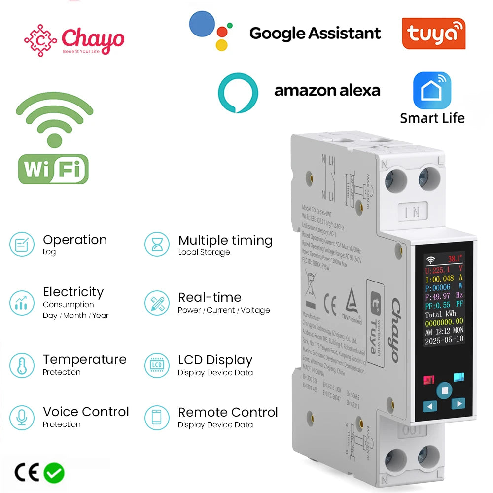 1P 50A Tuya WIFI Smart Switch Circuit Breaker LED Energy Meter Kwh Power Metering Timer Relay Remote Control Smart Life APP