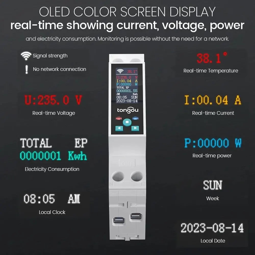 1P 50A Tuya WIFI Smart Switch Circuit Breaker LED Energy Meter Kwh Power Metering Timer Relay Remote Control Smart Life APP