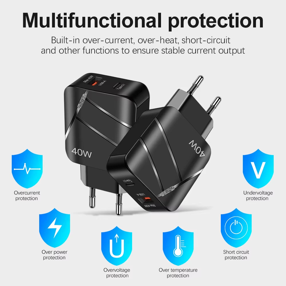 Total 40W PD USB C Charger Quick Charge QC 3.0 Wall Charger Adapter for Iphone 14 13 Samsung Xiaomi USB Charger Fast Charging