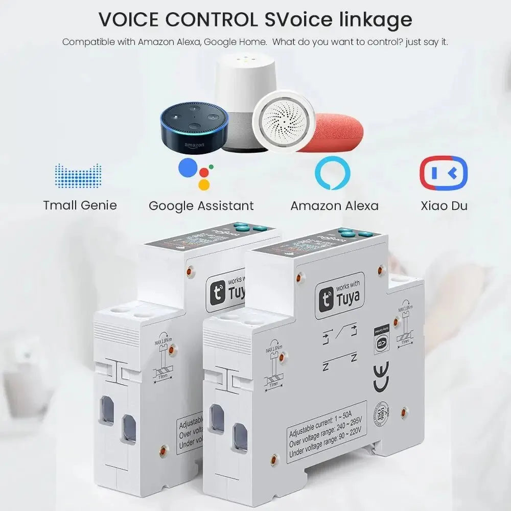 1P 50A Tuya WIFI Smart Switch Circuit Breaker LED Energy Meter Kwh Power Metering Timer Relay Remote Control Smart Life APP