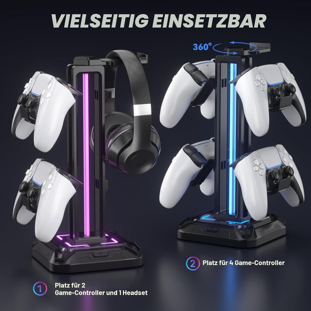 KDD Gaming Kopfhörer Ständer Led Mit 9 Lichtmodi - Drehbarer Headset Halterung Tisch Mit Abnehmbarer Controller Halterung - Headset Ständer Gaming Zubehör Für Gamer PC Xbox ONE Ps5(Schwarz)