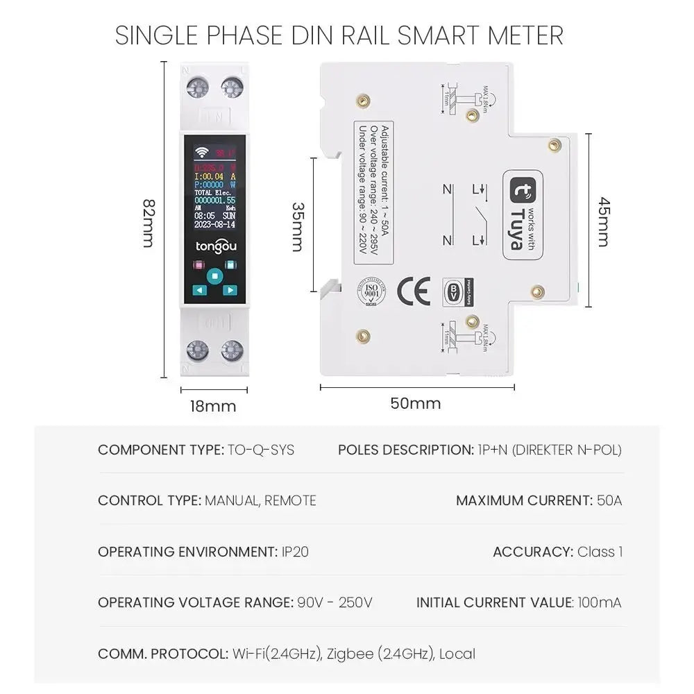 1P 50A Tuya WIFI Smart Switch Circuit Breaker LED Energy Meter Kwh Power Metering Timer Relay Remote Control Smart Life APP